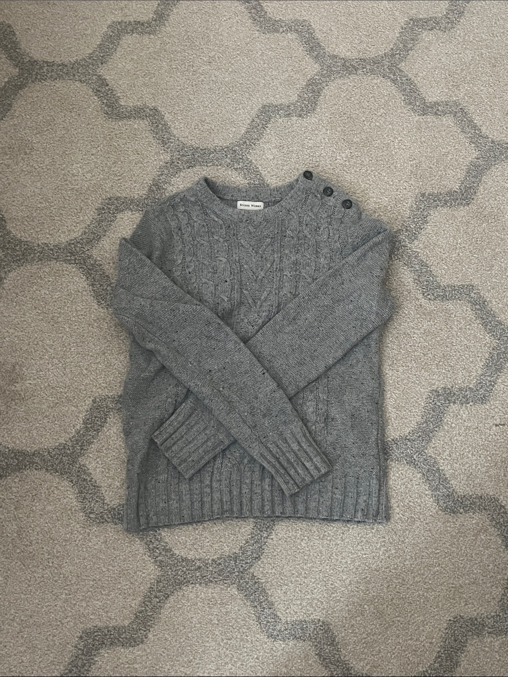 Gray Cable Knit Crewneck Sweater with Shoulder Buttons